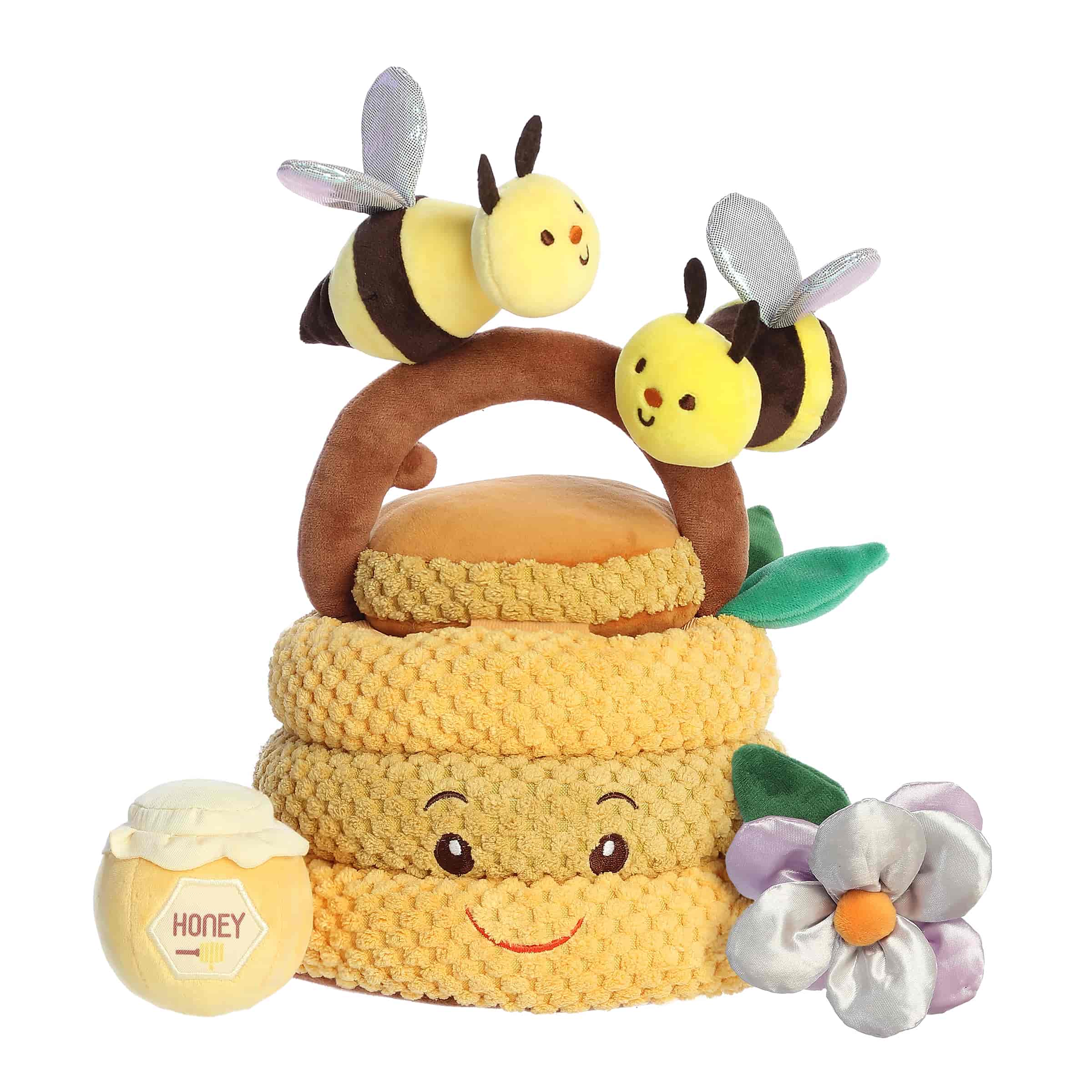 A soft plush beehive with four buzzing and rattling toys inside from Baby Talk by ebba.