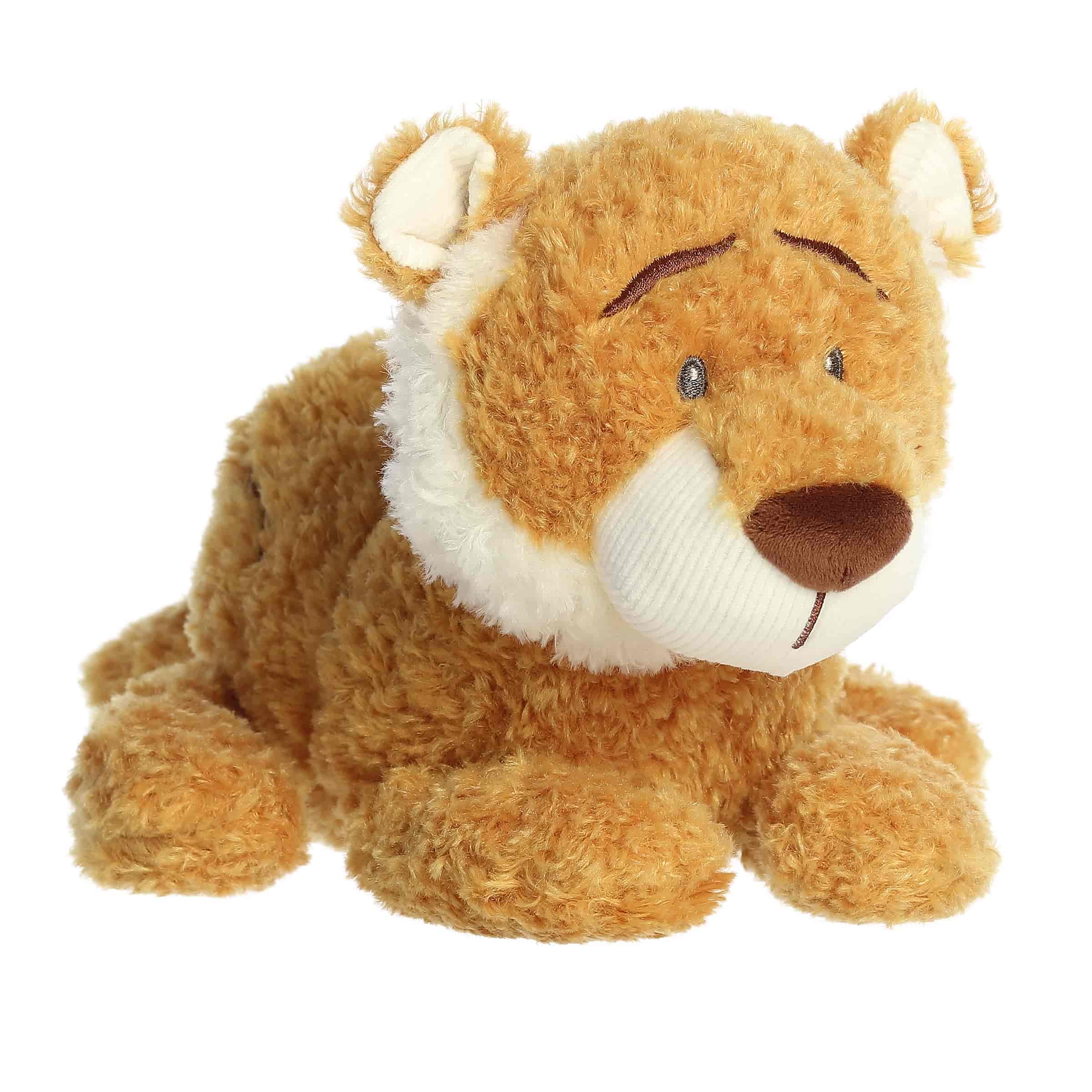 A soft golden plush tiger with stitched stripes in a classic crouched pose from Cuddletons by ebba.