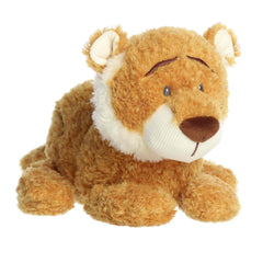 A soft golden plush tiger with stitched stripes in a classic crouched pose from Cuddletons by ebba.