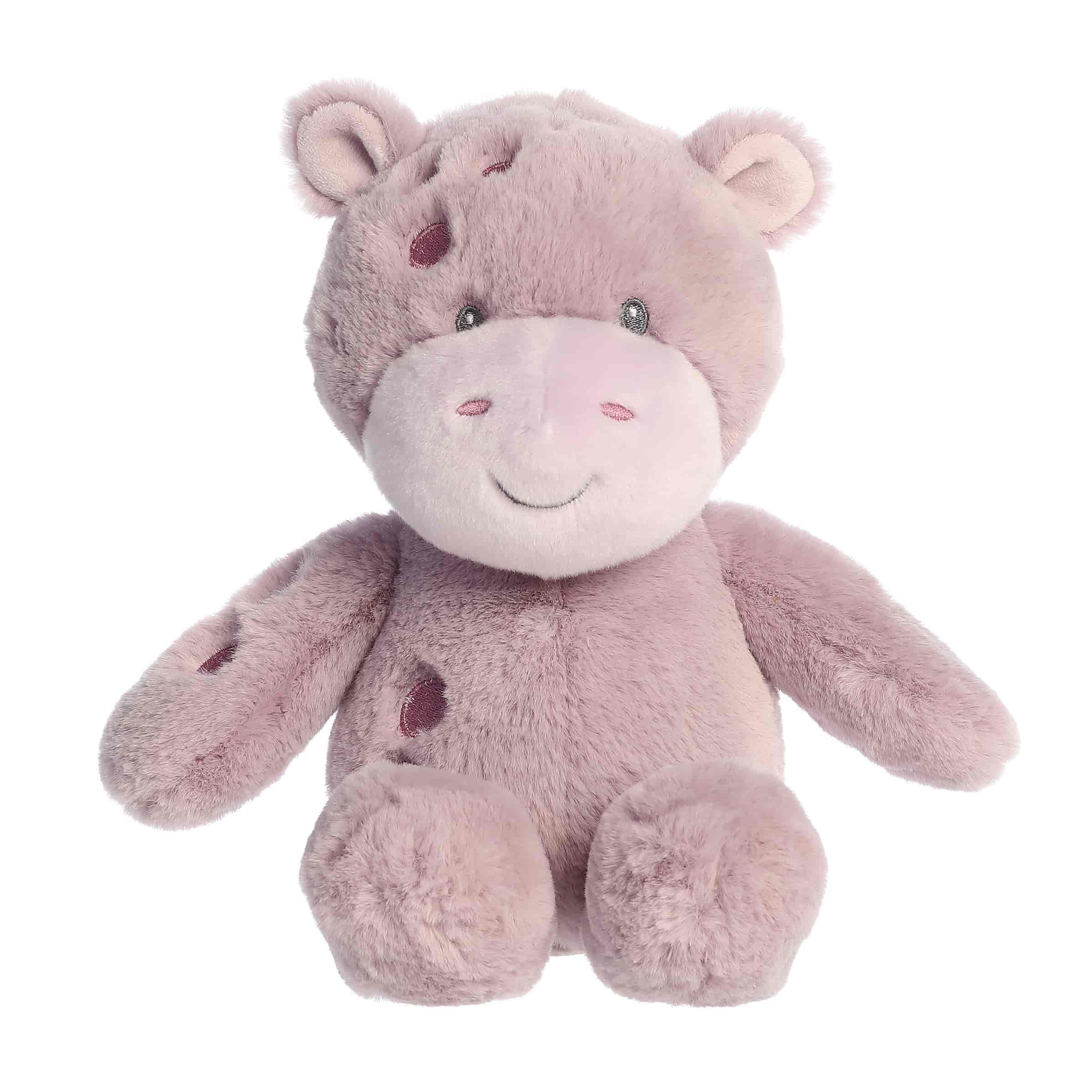 A soft lavender plush hippo with crinkle and squeaker features from Cuddler Squeakers by ebba.