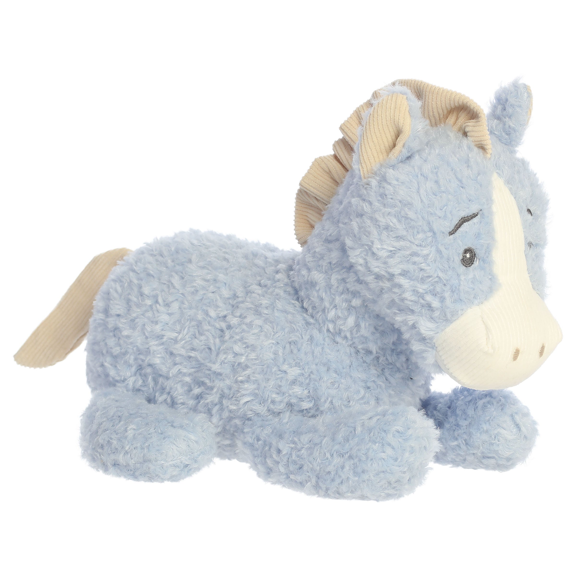 A pony plush toy from ebba with varied textures, embroidered eyes, and a retro-inspired design.