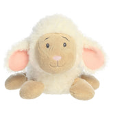 A lamb plush toy from ebba with varied textures, embroidered eyes, and a retro-inspired design