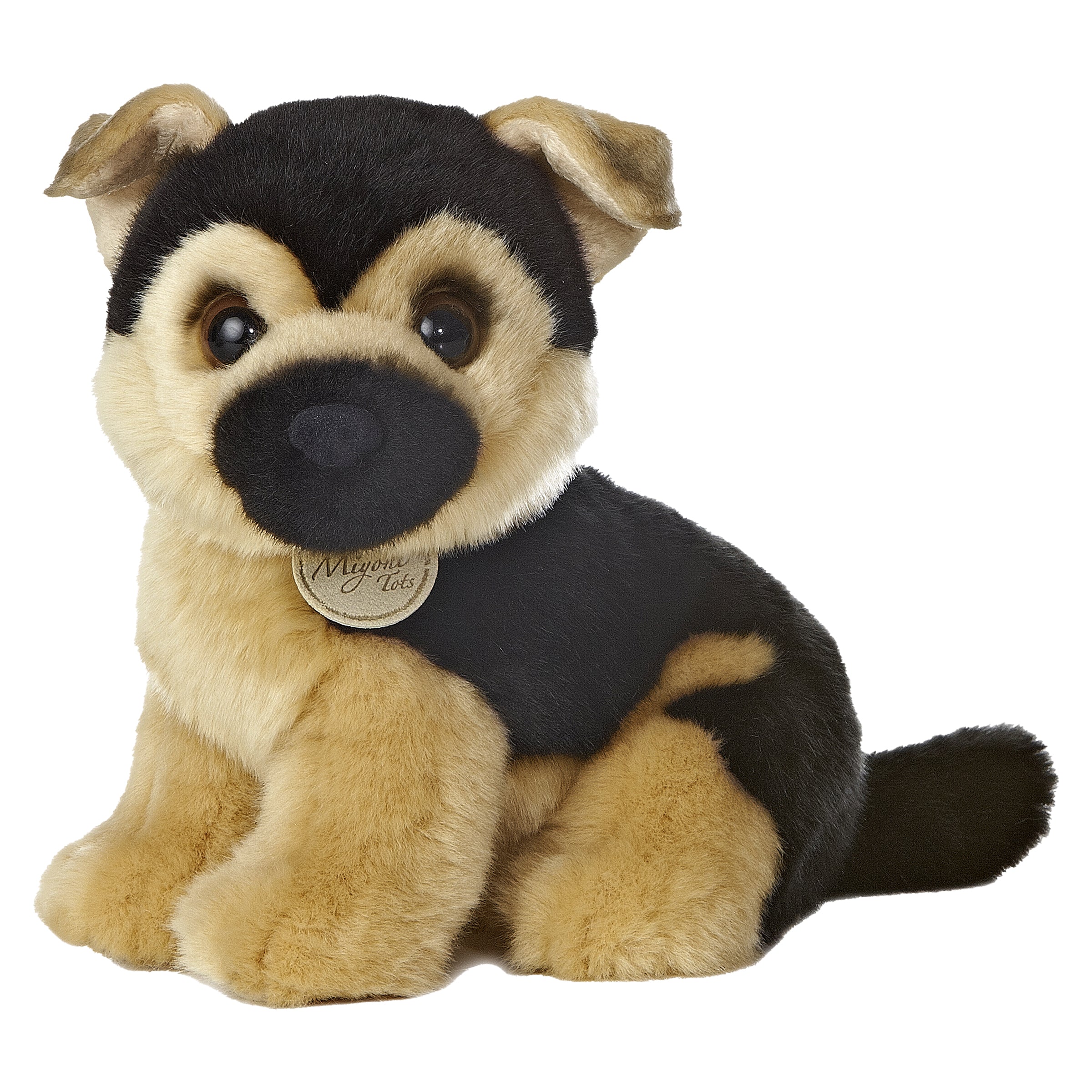 A German Shepherd stuffed animal from Miyoni Tots by Aurora with tan and black fur and large eyes.