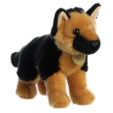 A German Shepherd plush toy from Miyoni by Aurora with black and tan fur and an alert posture.