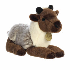 Realistic reindeer calf plush in a laying position with a peaceful expression, perfect for cozy winter decor!