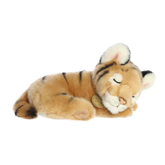 A soft golden plush tiger cub with stripes in a peaceful sleeping pose from Miyoni Tots by Aurora