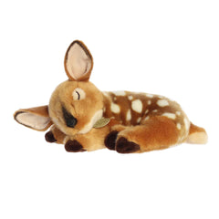 A soft brown plush fawn with white spots in a peaceful sleeping pose from Miyoni Tots by Aurora.