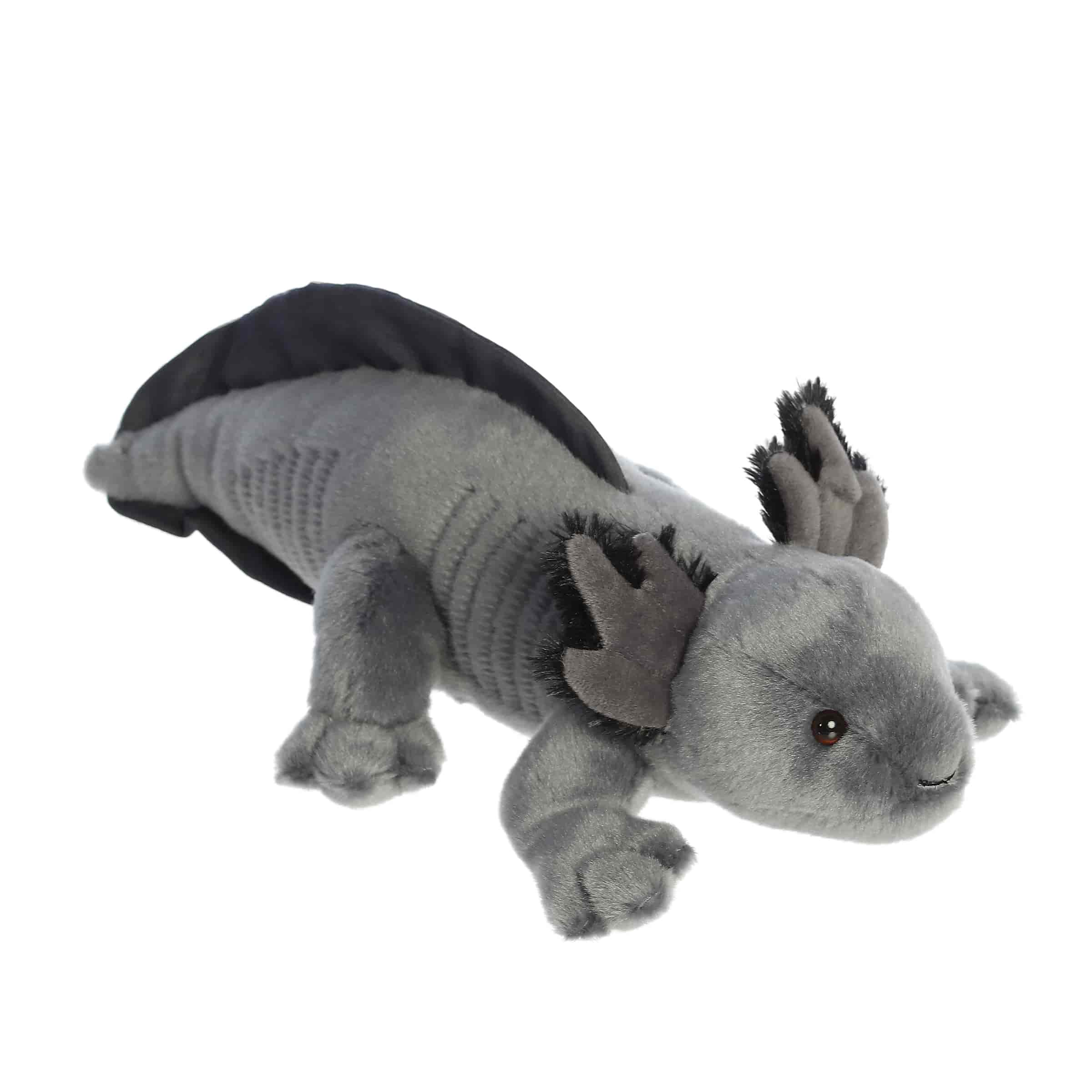 A soft black plush axolotl with smooth fins and a sweet face from Miyoni by Aurora.