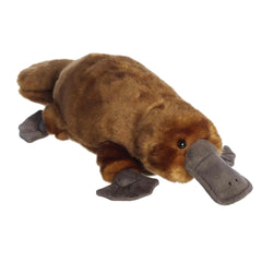 A soft brown plush platypus with a wide bill and webbed feet from Miyoni by Aurora.