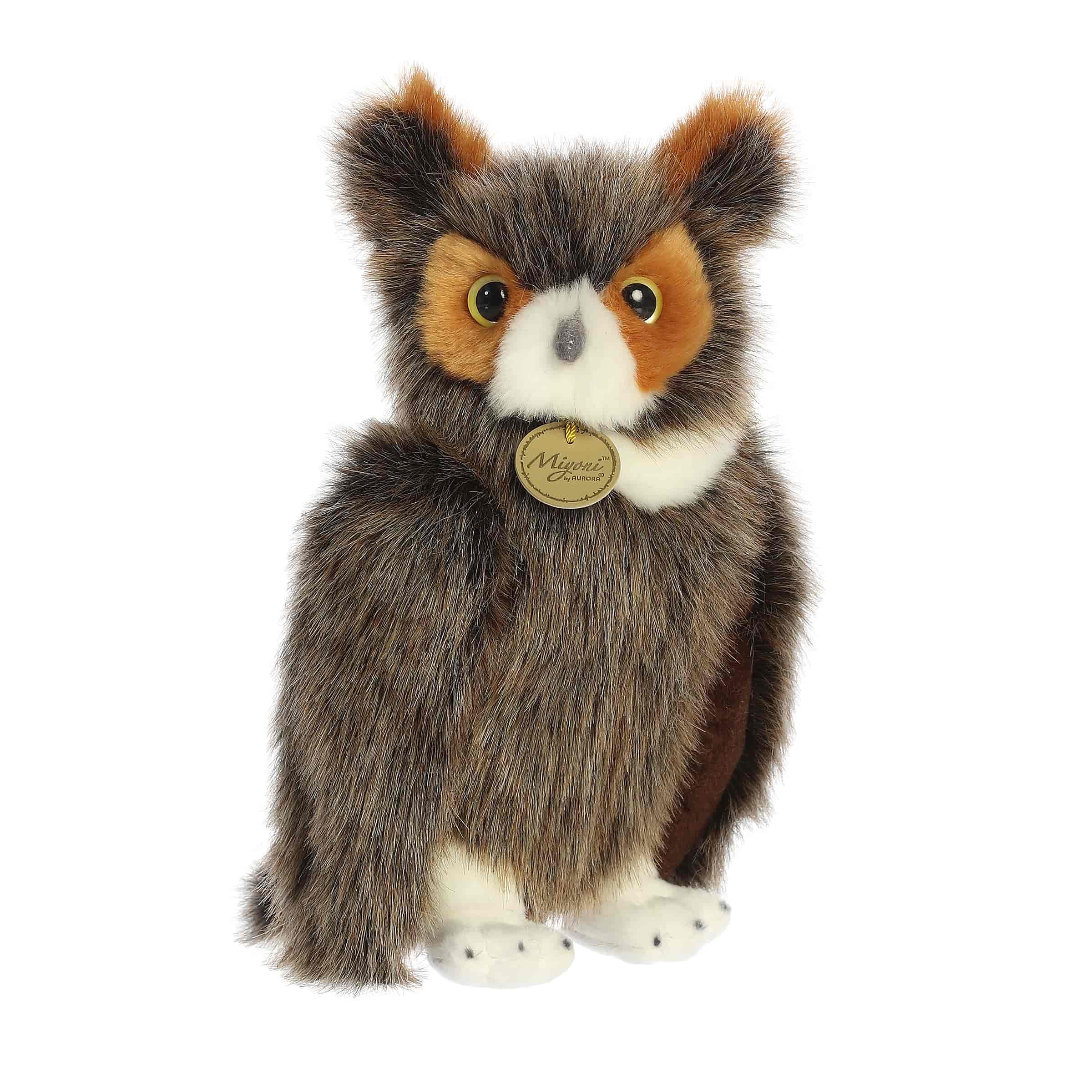A soft brown plush owl with golden eyes and ear tufts from Miyoni by Aurora.