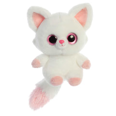 A white and pink plush toy from YooHoo and friends plush with large sparkly eyes, a pink tail, and tall ears.