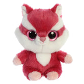 A red plush toy from YooHoo and friends plush with fluffy fur, large eyes, and a bushy striped tail.