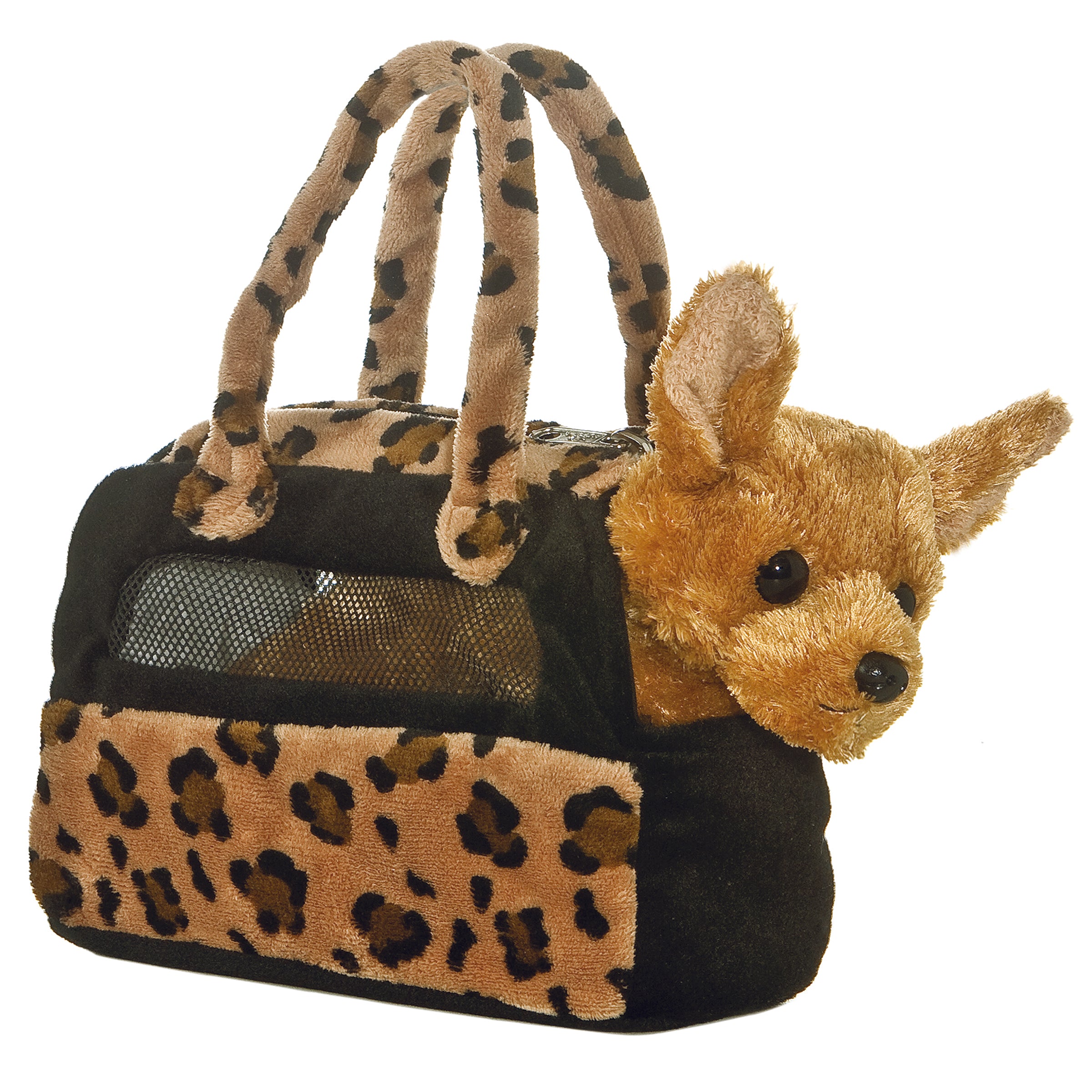 Chihuahua plush in leopard print carrier from Fancy Pals by Aurora for ultimate cuddly charm