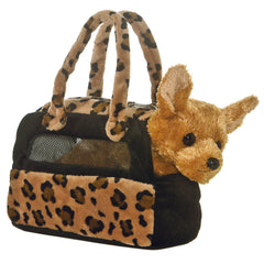 Chihuahua plush in leopard print carrier from Fancy Pals by Aurora for ultimate cuddly charm