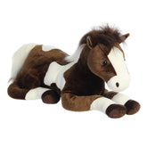 Large paint horse plush toy with a brown and white patterned coat and realistic equine detailing