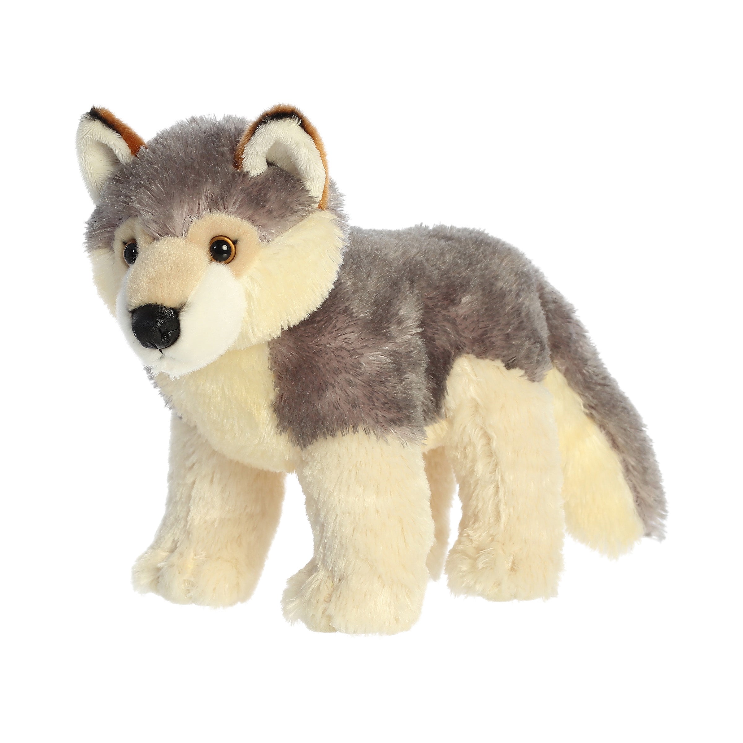 Plush grey coyote toy with cream accents and upright ears for nature-themed storytelling.