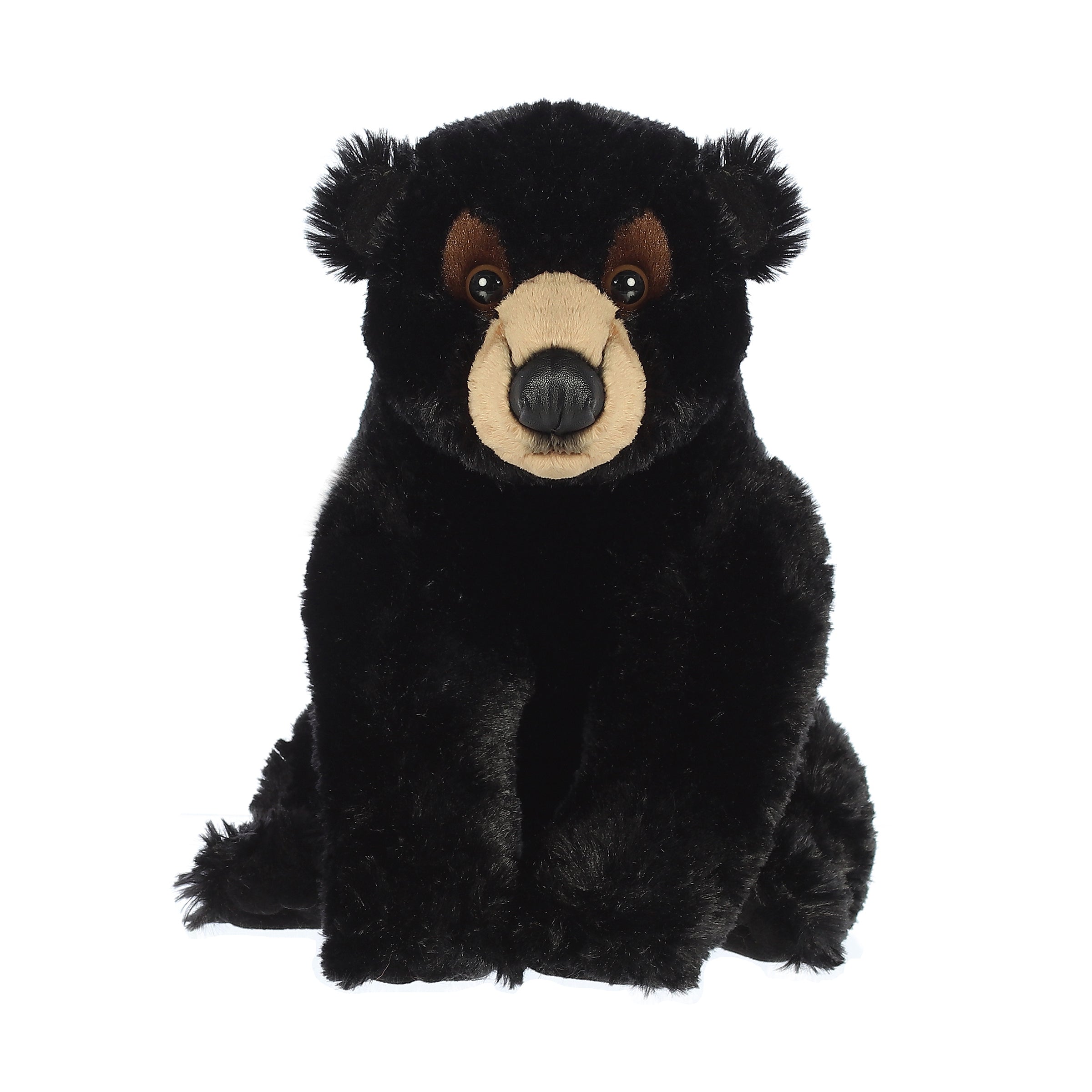Plush black bear with velvety fur and soulful eyes for soothing bedtime companionship.