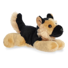 A tan and black German Shepherd plush toy from Mini Flopsie by Aurora with perky ears and expressive eyes.