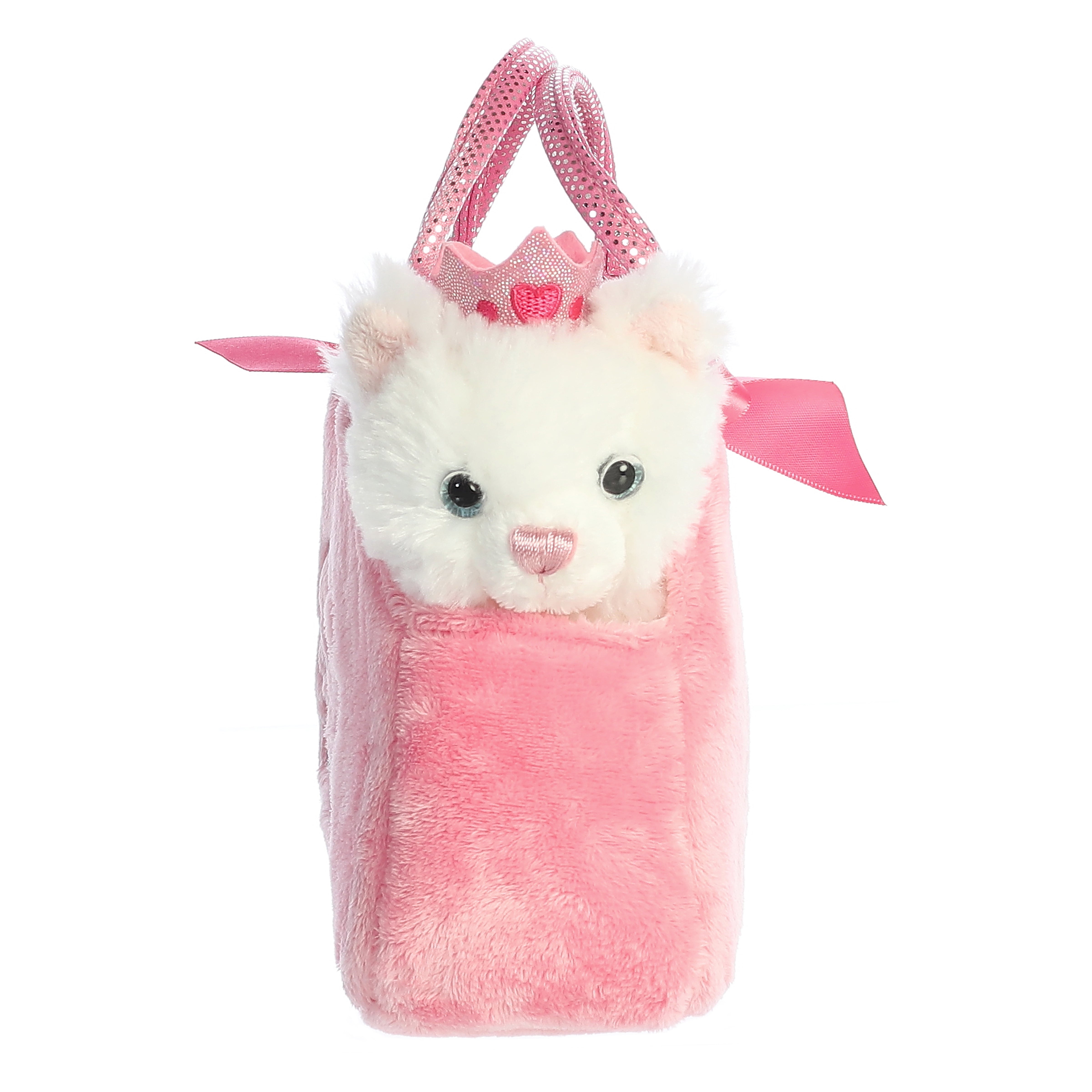 Princess Kitten plush in a pink carrier from Fancy Pals by Aurora, adorned with hearts and crowns