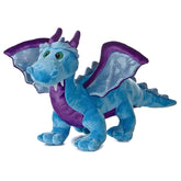 Plush toy of a blue dragon with purple plush and shiny wings, ready for magical play by Aurora plush.