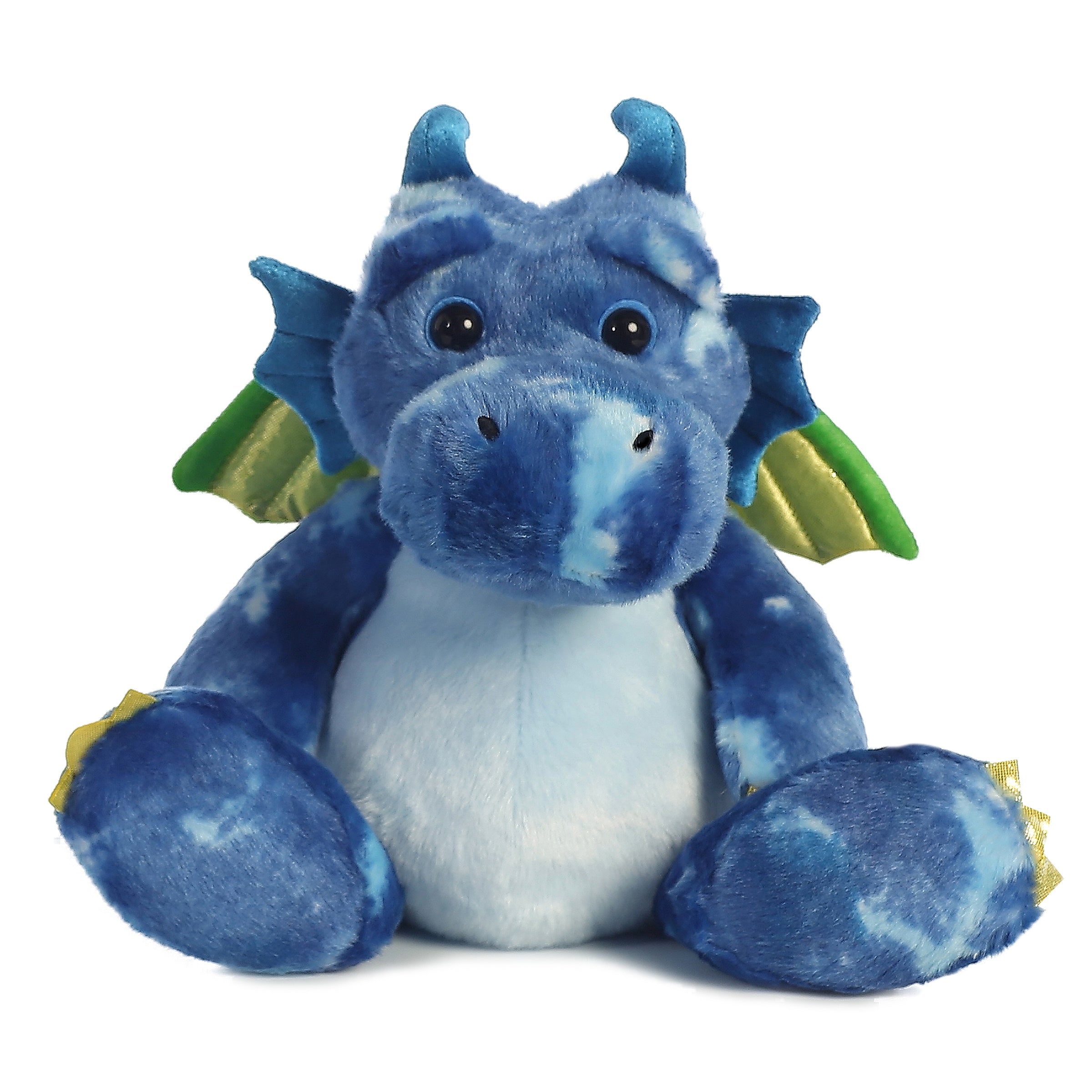 A blue dragon plush with glittering green and gold wings and detailed features.