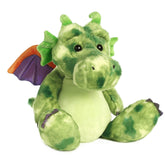 A green dragon plush with bright orange and purple wings and a friendly expression.