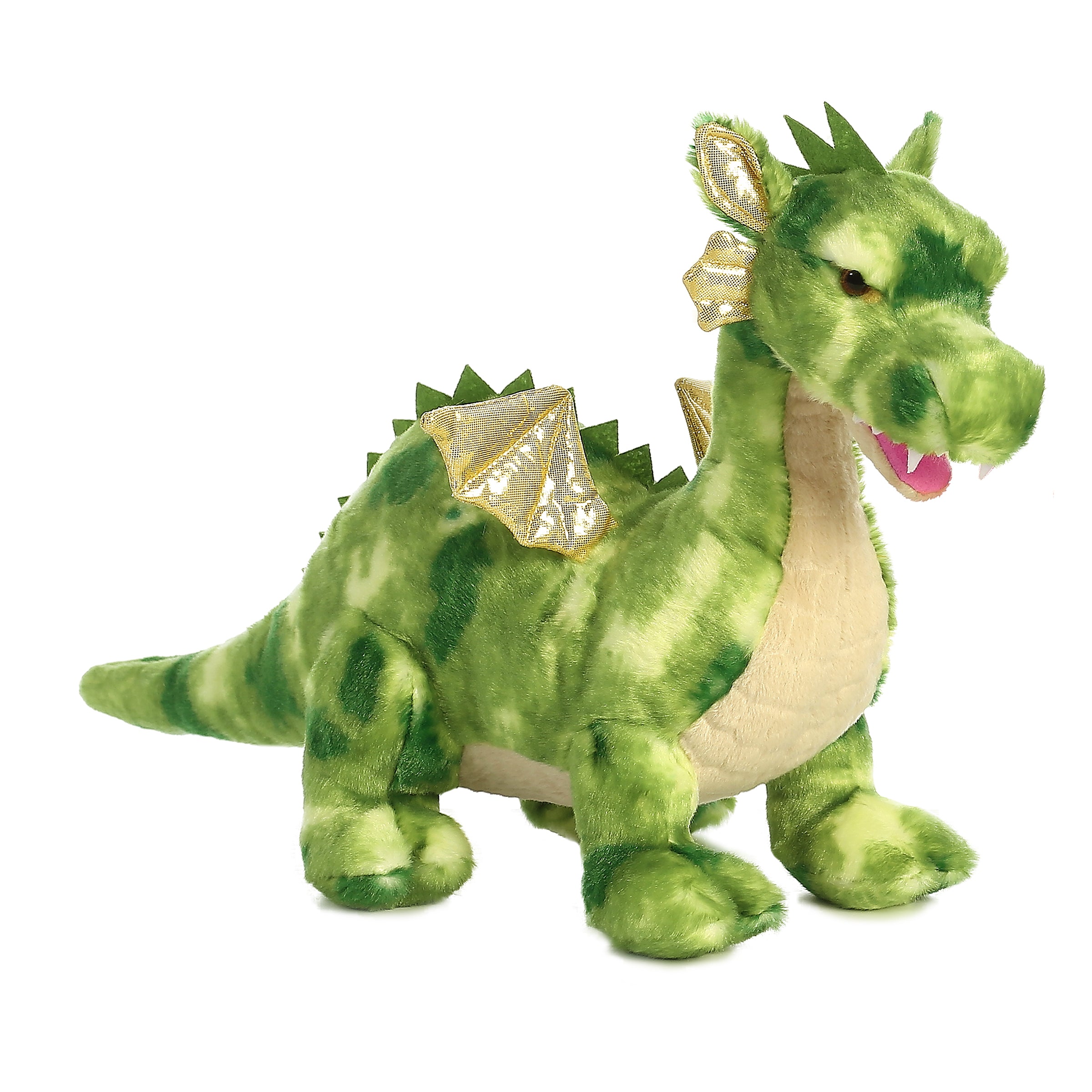 A green dragon plush with gold wings and detailed plush spines for enchanting adventures.