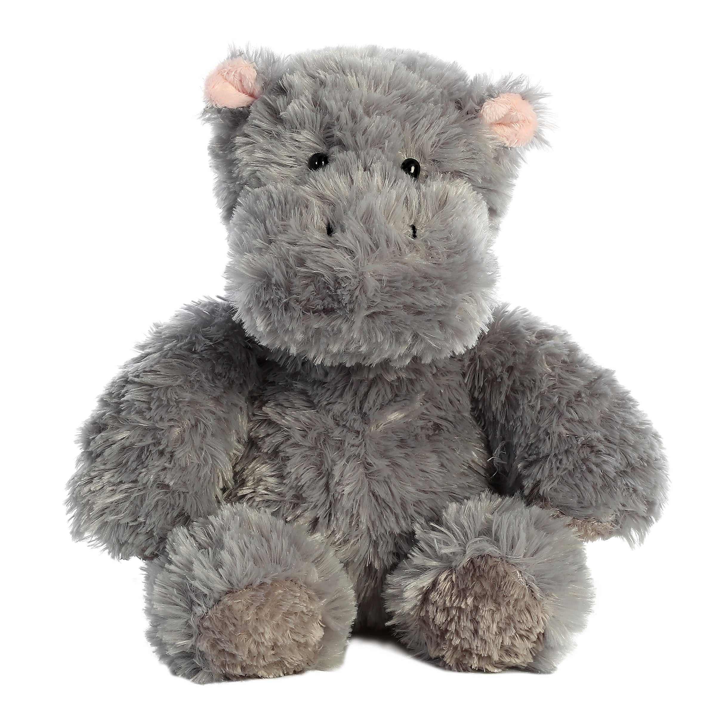 A gray plush toy from Aurora with round ears, stitched nostrils, and a huggable soft body.