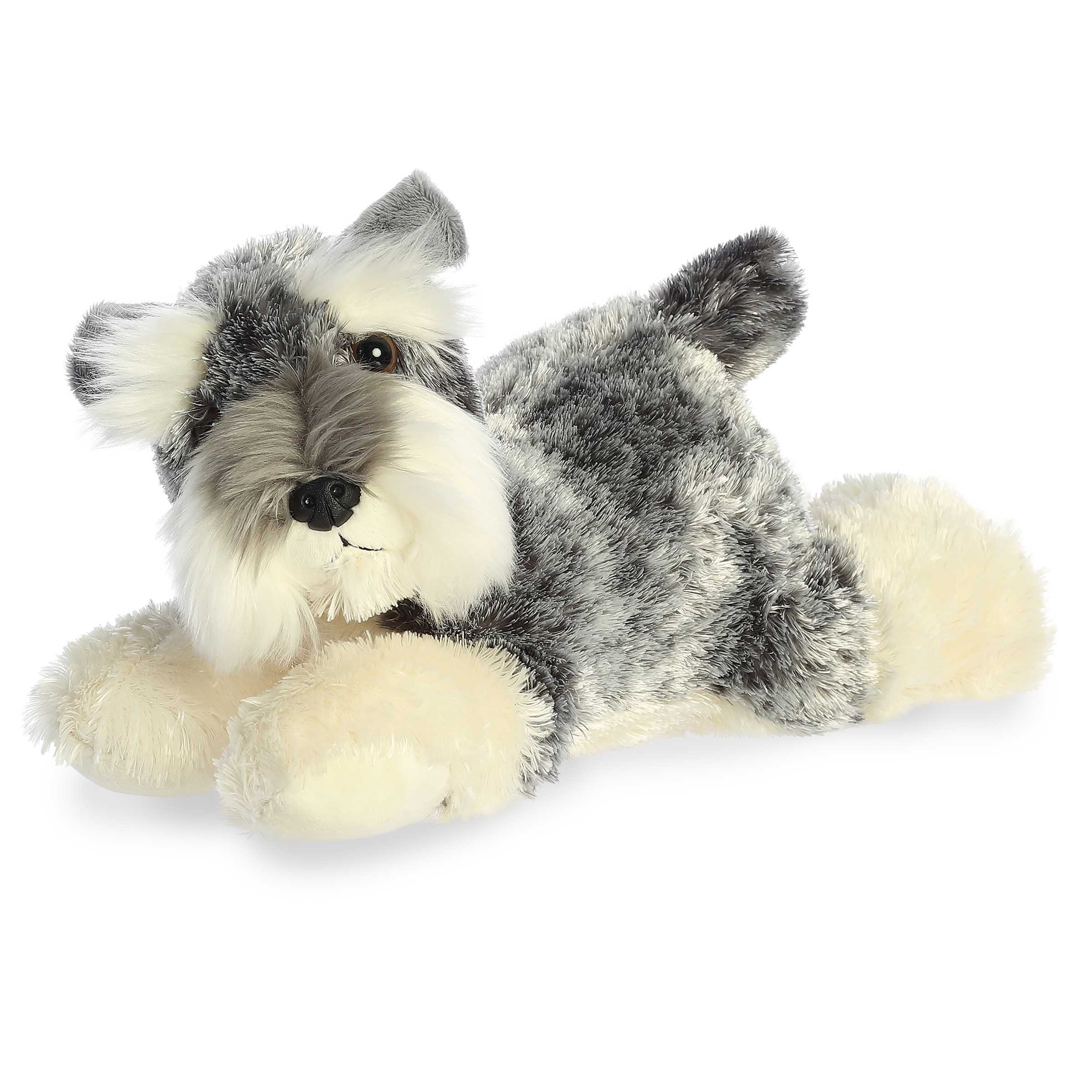 Plush Schnauzer dog by Aurora plush with soft gray and white fur and a cute bearded snout.
