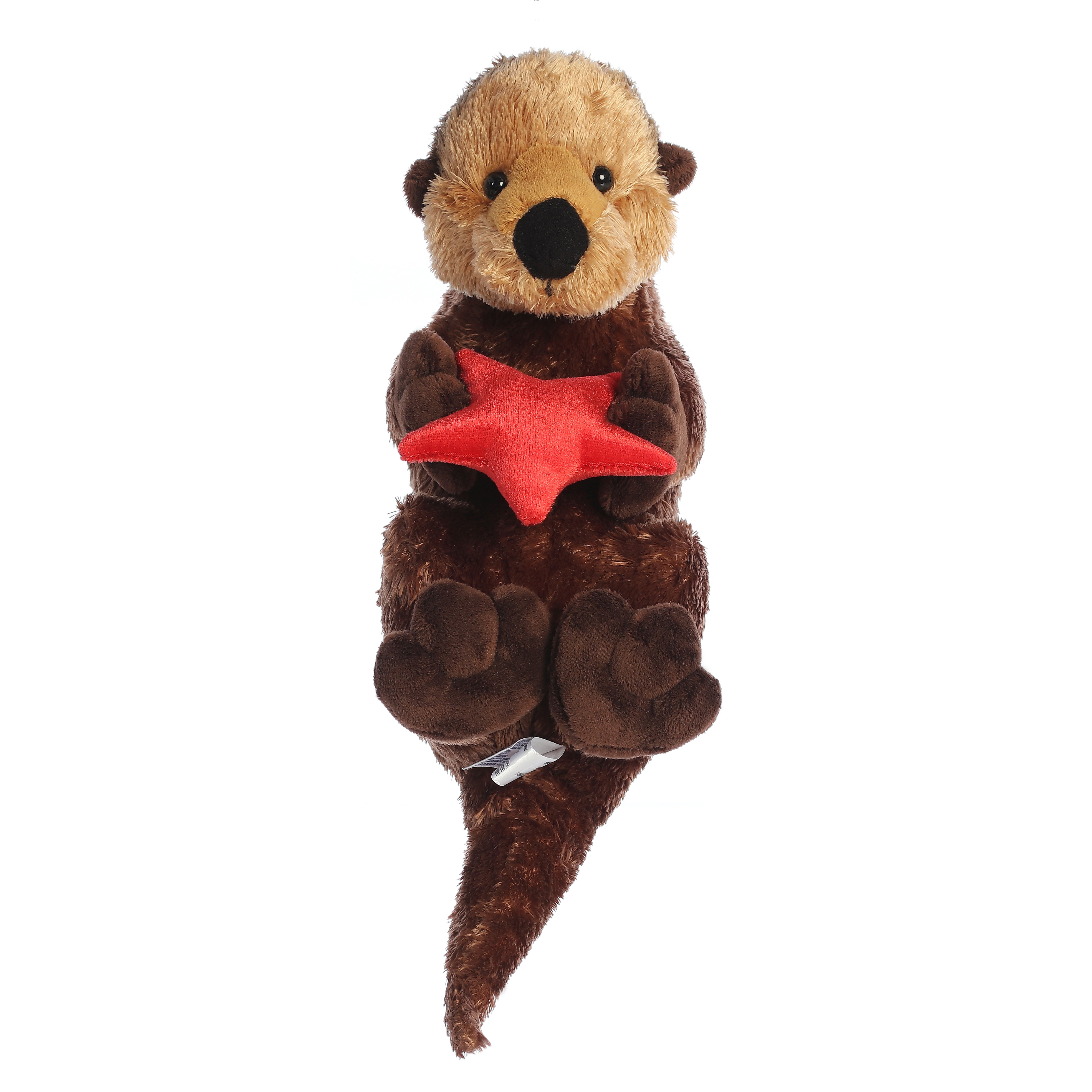 Plush brown otter holding a red starfish with a cheerful face and soft fur.