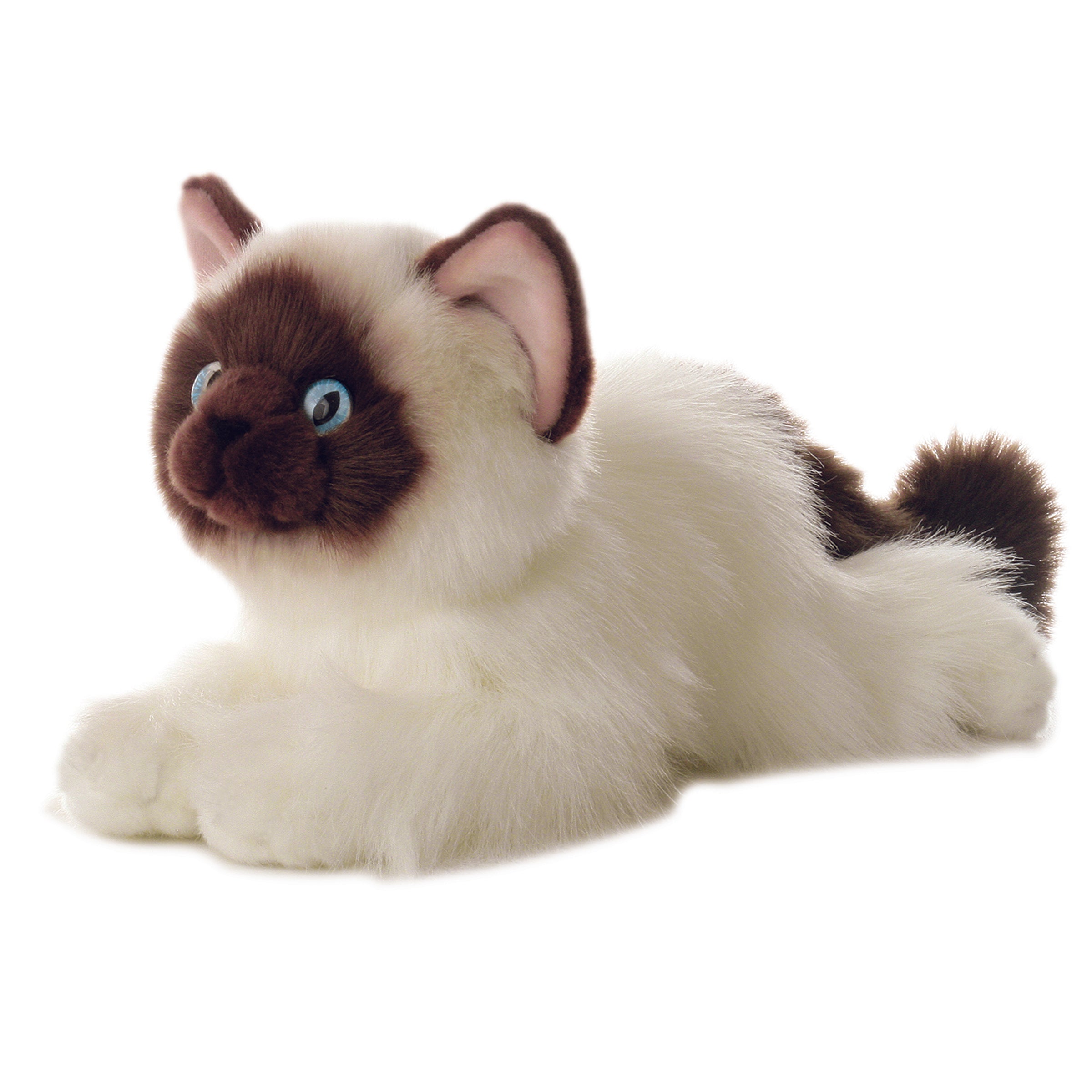 Plush white Himalayan cat by Aurora plush with chocolate points and bright blue eyes.