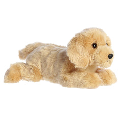 Plush toy of a golden retriever puppy with floppy ears and a soft golden coat.