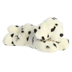 A white plush Dalmatian dog with black spots and floppy ears by Aurora plush.