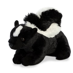 Black and white skunk plush from Mini Flopsie by Aurora with a fluffy tail and sweet expression