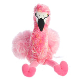 A bright pink flamingo plush toy from Mini Flopsie by Aurora with long legs and a curved neck.