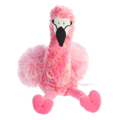 A bright pink flamingo plush toy from Mini Flopsie by Aurora with long legs and a curved neck.
