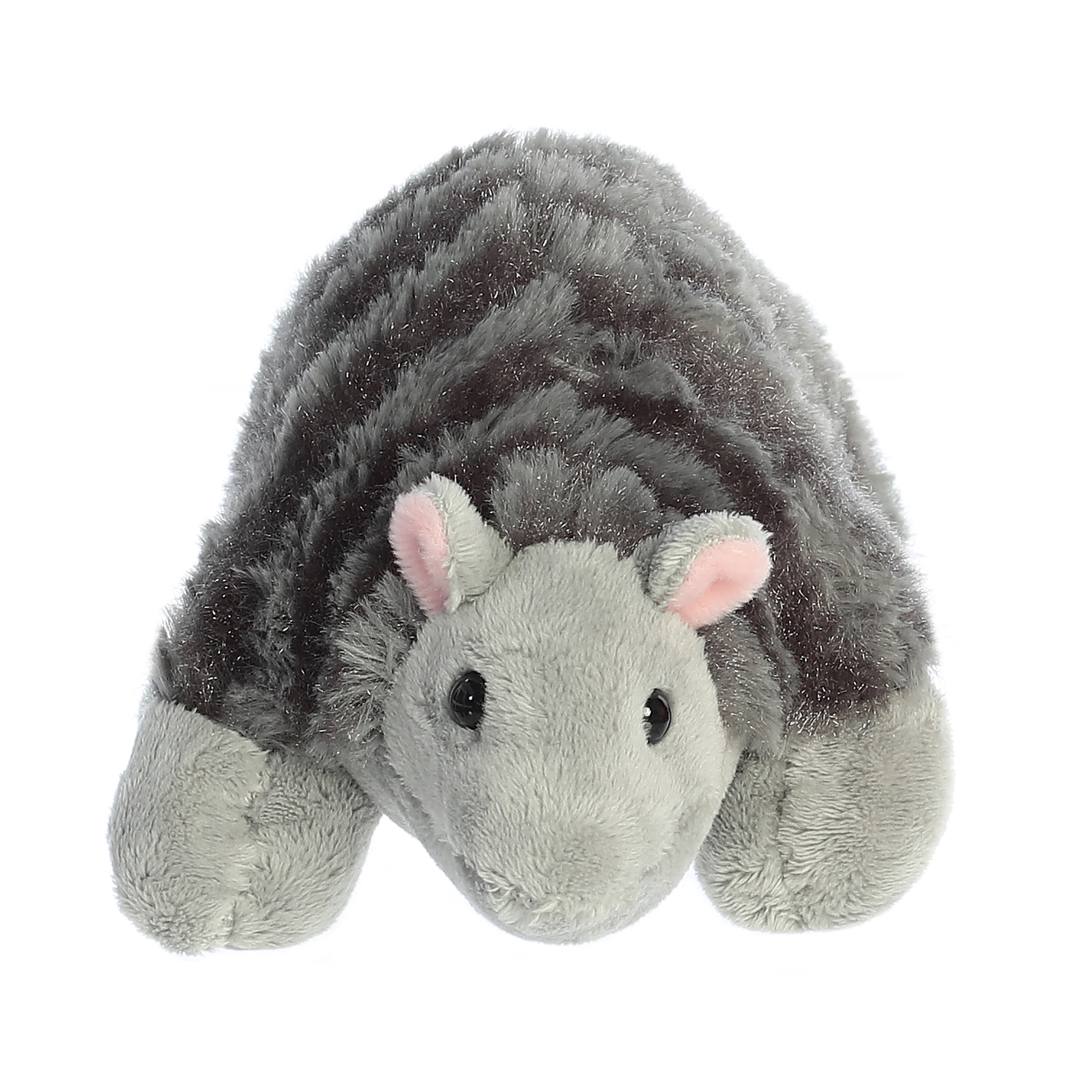 A soft grey armadillo plush toy from Mini Flopsie by Aurora with a striped back and sweet expression.