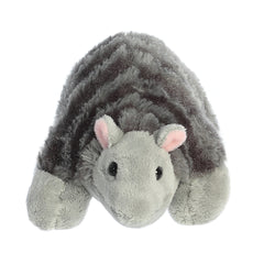 A soft grey armadillo plush toy from Mini Flopsie by Aurora with a striped back and sweet expression.