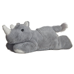 A gray rhino plush toy from Mini Flopsie by Aurora with a distinctive horn and cuddly body.
