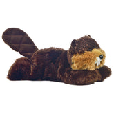 A brown beaver plush from Mini Flopsie by Aurora with a quilted tail and orange beard.