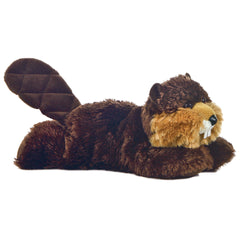 A brown beaver plush from Mini Flopsie by Aurora with a quilted tail and orange beard.
