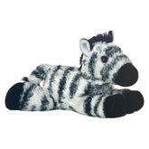 A zebra plush from Mini Flopsie by Aurora with black and white stripes and a fluffy mane and tail.