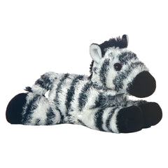A zebra plush from Mini Flopsie by Aurora with black and white stripes and a fluffy mane and tail.