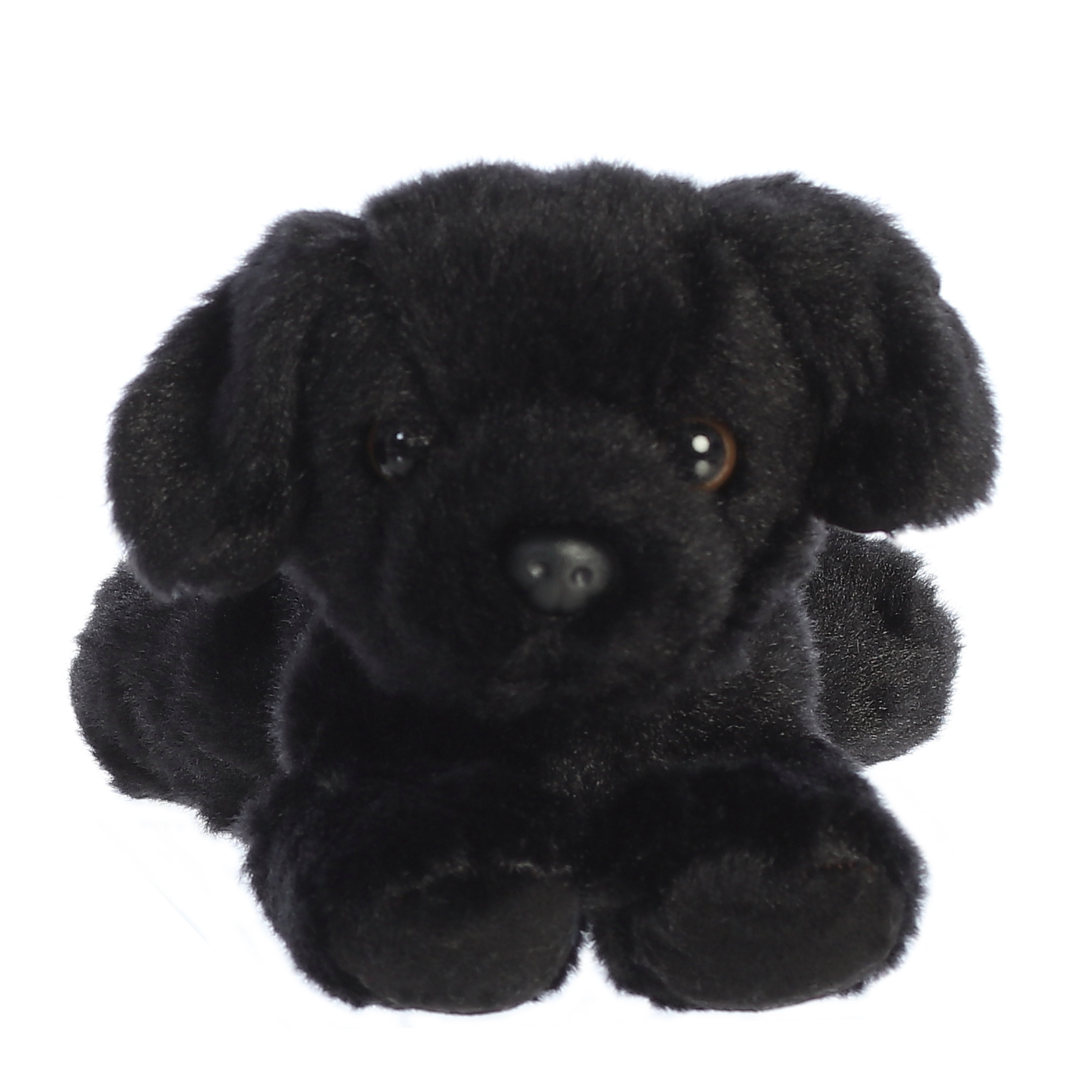 A black lab plush from Mini Flopsie by Aurora with velvety fur and a sweet, expressive face.