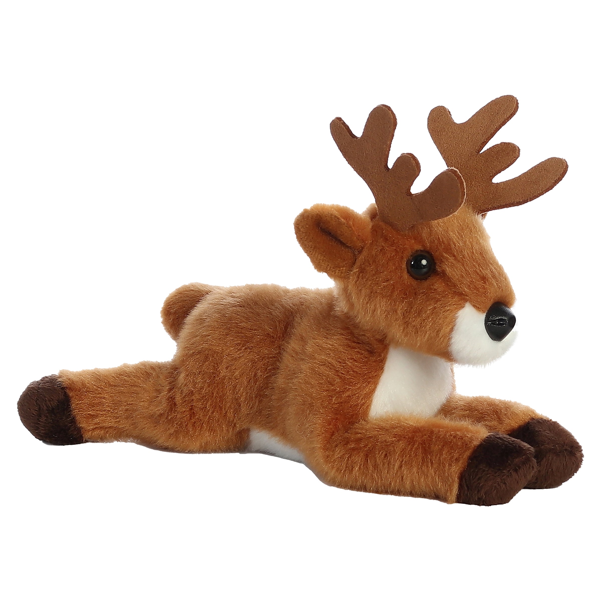 A brown deer plush toy from Mini Flopsie by Aurora with soft fur and detailed antlers.