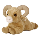 A tan bighorn sheep plush from Mini Flopsie by Aurora with realistic curved horns and soft fur.