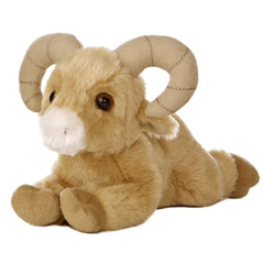 A tan bighorn sheep plush from Mini Flopsie by Aurora with realistic curved horns and soft fur.