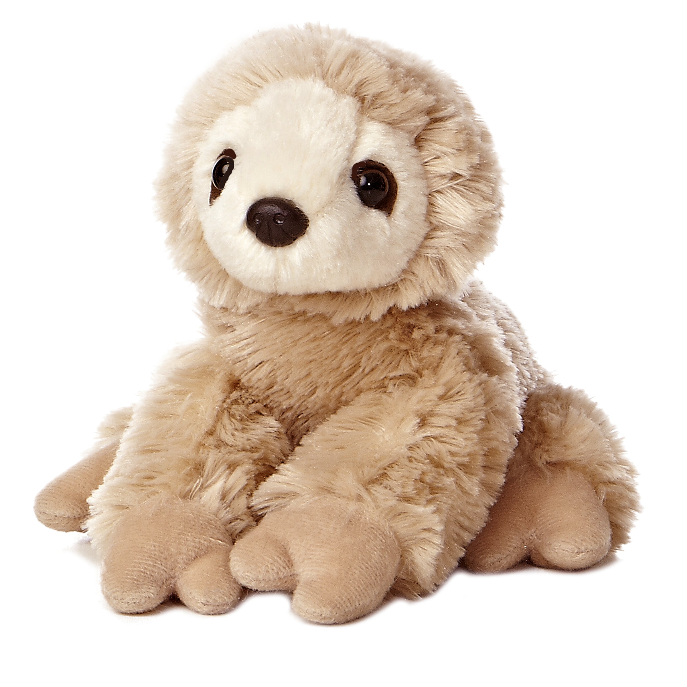 A beige sloth plush toy from Mini Flopsie by Aurora with soft fur, detailed claws, and a sweet face.