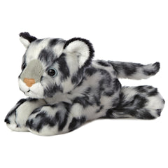 A gray and white snow leopard plush from Mini Flopsie by Aurora with black spots and blue eyes.