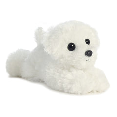 A white puppy plush from Mini Flopsie stuffed animals with a soft body and an endearing expression